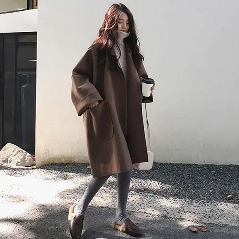 

2019 Autumn Fashion Women Loose Oversize Woolen Coat Pockets Casual Solid Long Plus Size Brown Black Pocket Female Jacket