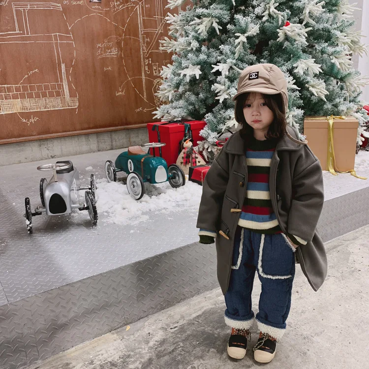 Tckids детская одежда настраиваемые 18 зимние ретро пушистые джинсы композитные овечья шерсть толстые прямые джинсы