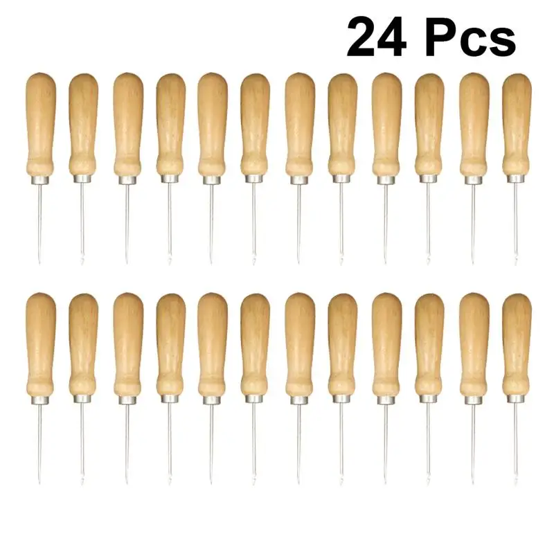 

24pcs DIY Sewing Awls Solid Wooden Handle Sewing Needles Awl Thick Handle Drill Shoe Awl DIY Sewing Tool Accessories