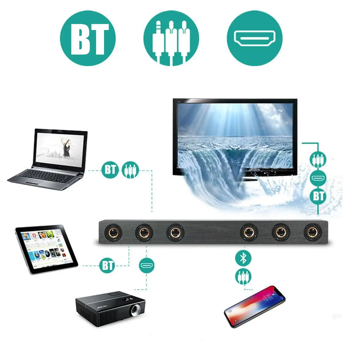  30W Wireless TV Soundbar bluetooth Speaker Sound Bar HIFI Stereo Sound Wooden Loundspeaker with AUX