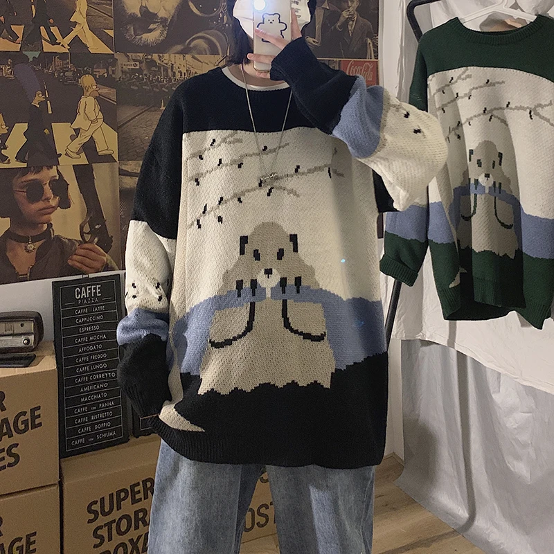 Autumn Mens New Skulls Print Sweater Hip Hop Sweater Cotton Loose Streetwear Oversized Mens Fashion Turtleneck Pullover Top
