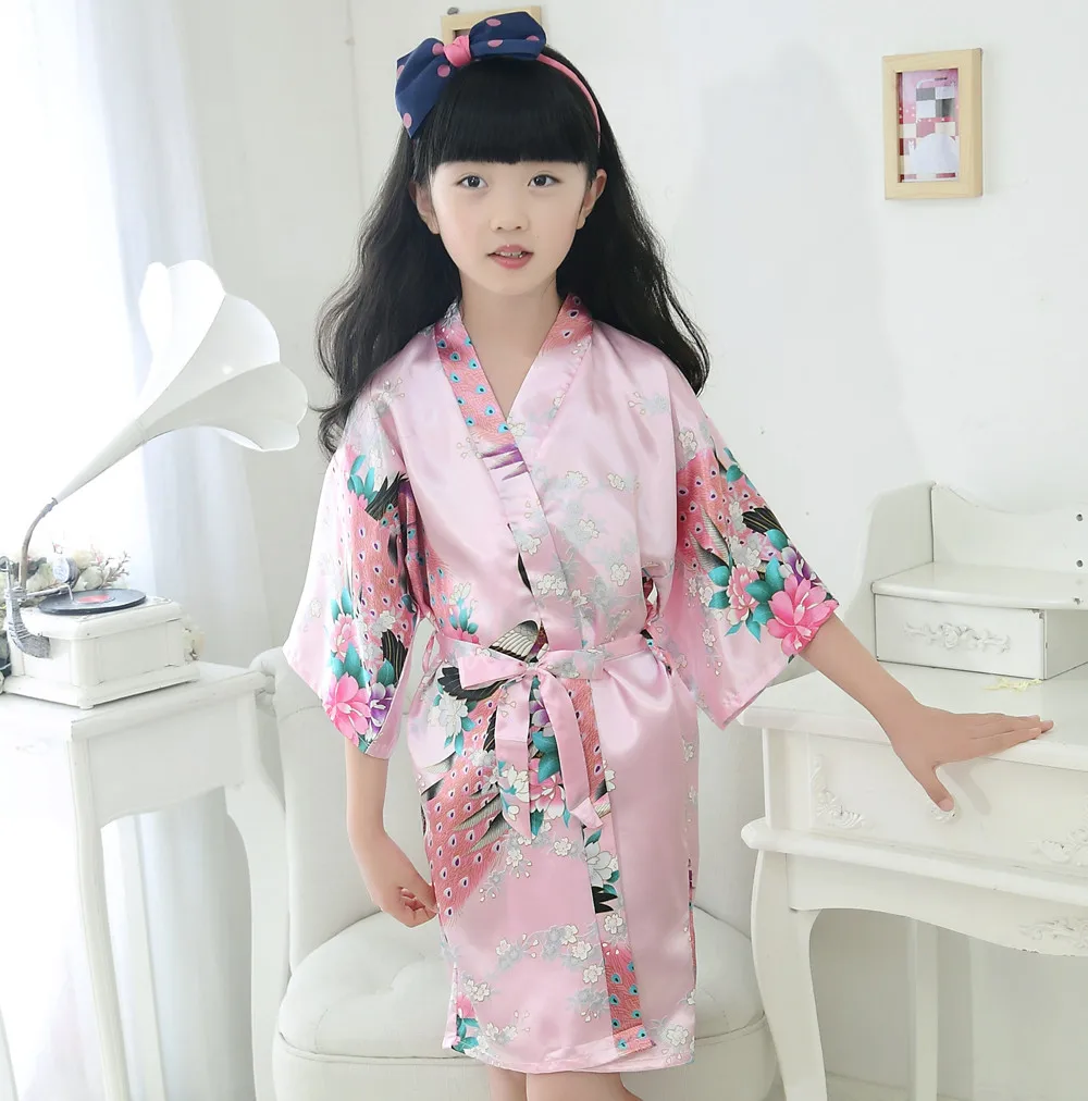 

Print Peacock Child Robe Summer New Kimono Bathrobe Gown Half Sleeve Loose Sleepwear Mini Nightgown Short Homewear Pajamas