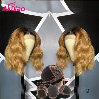 

Ombre Honey Blonde 4*4 Lace Front Closure Wig Pre-pluceked Colored Brown Short Wavy Bob Human Hair Wig For Black Women Remy 150%