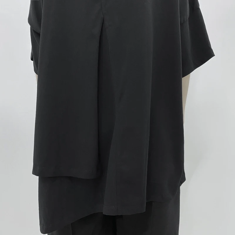 

Women round neck summer new irregular asymmetrical back slit false two layer design pure color short sleeve T-shirt