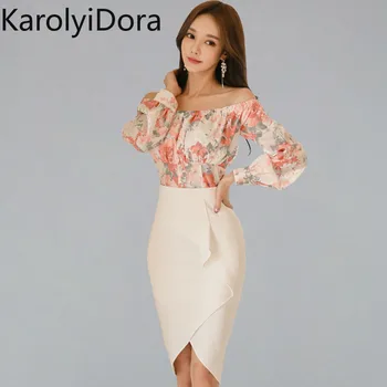 

Women's Summer OL 2 Pieces Suits Slash Neck Print Shirt Crop Top + Solid Color Sheath Bodycon Pencil Skirt Work Set