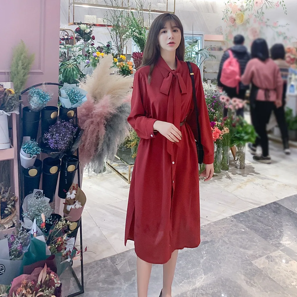 

Photo Shoot 2019 Spring New Style Korean-style WOMEN'S Wear Fashion Sweet Gentle Wind Bow Shirt Dress Waist Hugging Dress