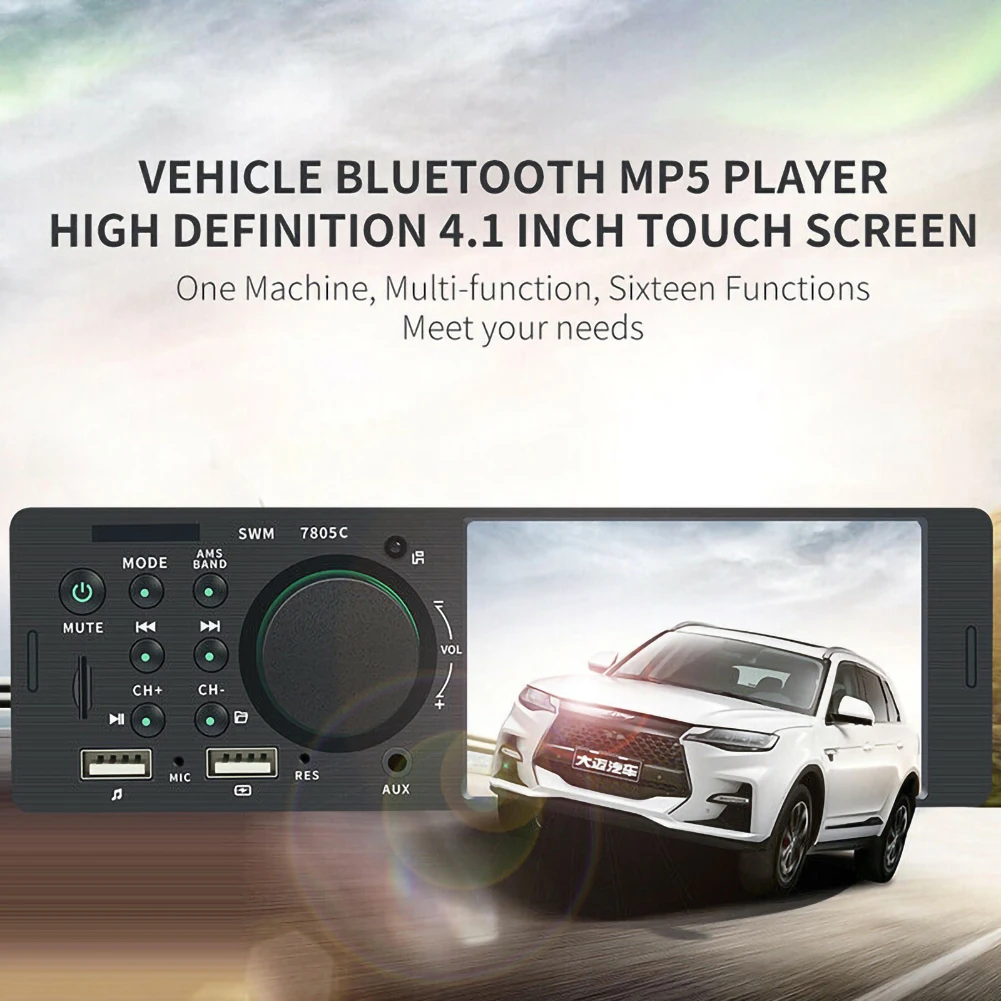Автомагнитола WMA, 1 Din, 4,1 дюйма, сенсорный экран, Bluetooth, два порта USB - изображение