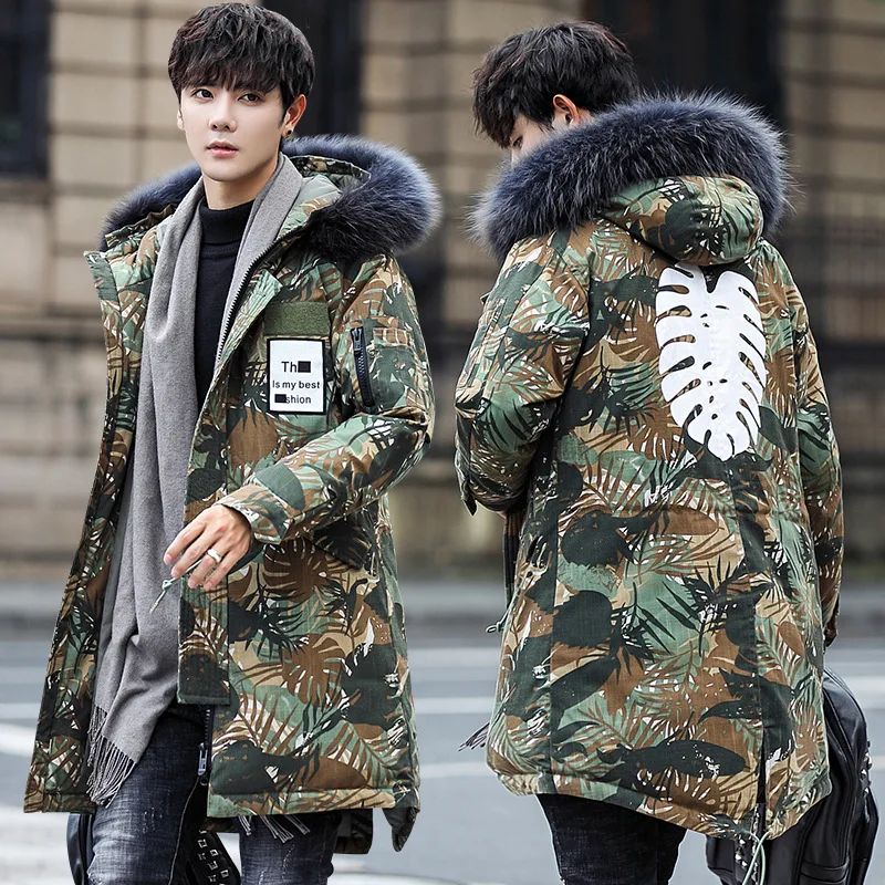 MEN'S down Jacket Mid-length Casual Fashion Hooded down Feather Jacket White Duck down Camouflage Korean-style down Feather Jack