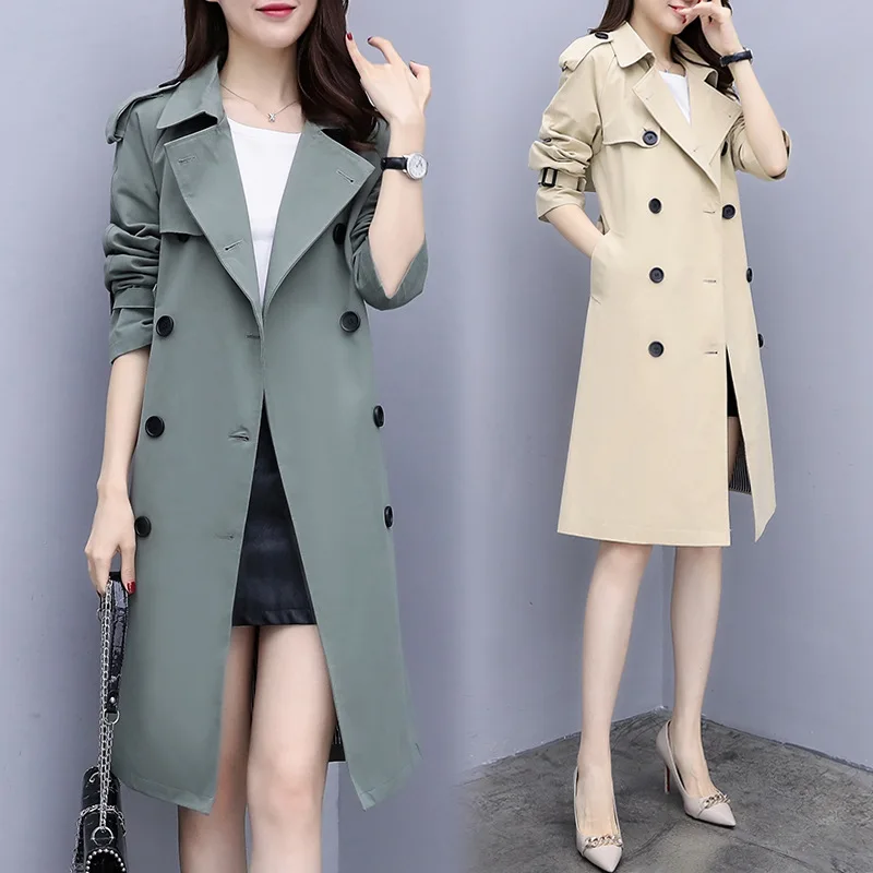 

2019 Autumn New Style Fashion Korean-style Elegant Large Size Dress Suit Collar Double Breasted Medium-length Lace-up Trench Coa