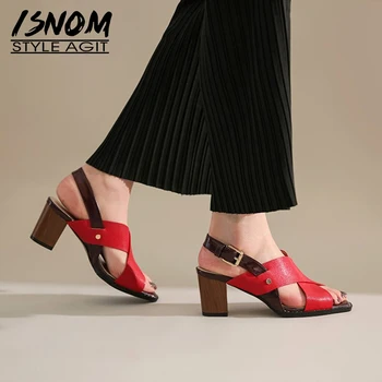 

ISNOM Genuine Leather Sandals Women Thick High Heels Shoes Woman Square Toe Ladies Sandals Peep Toe Summer Shoes Cross Strip