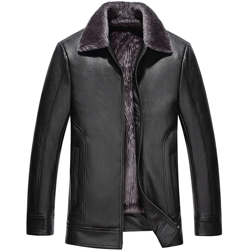 Autumn and winter new leather jacket men's pu leather middle-aged plush lining plus velvet thick casual business jacket