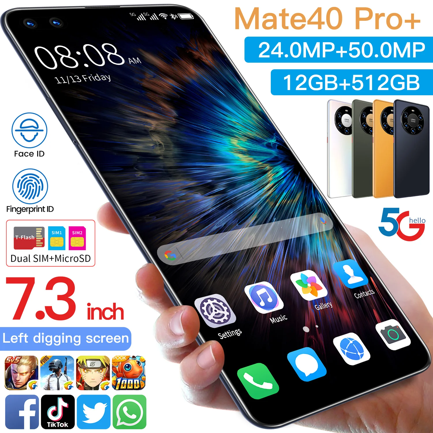 Mate40pro-teléfono inteligente versión Global, 7,3 pulgadas, Android 10,0, identificación facial, MTK6889, Tarjeta SIM Doble