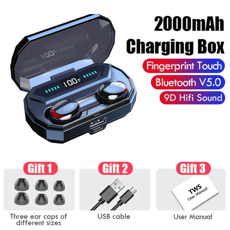 

T10 Tws Bluetooth Earphone 5.0 Touch Waterproof Sport Wireless Headphones Stereo Headphones True Wireless Earbuds LED headphones