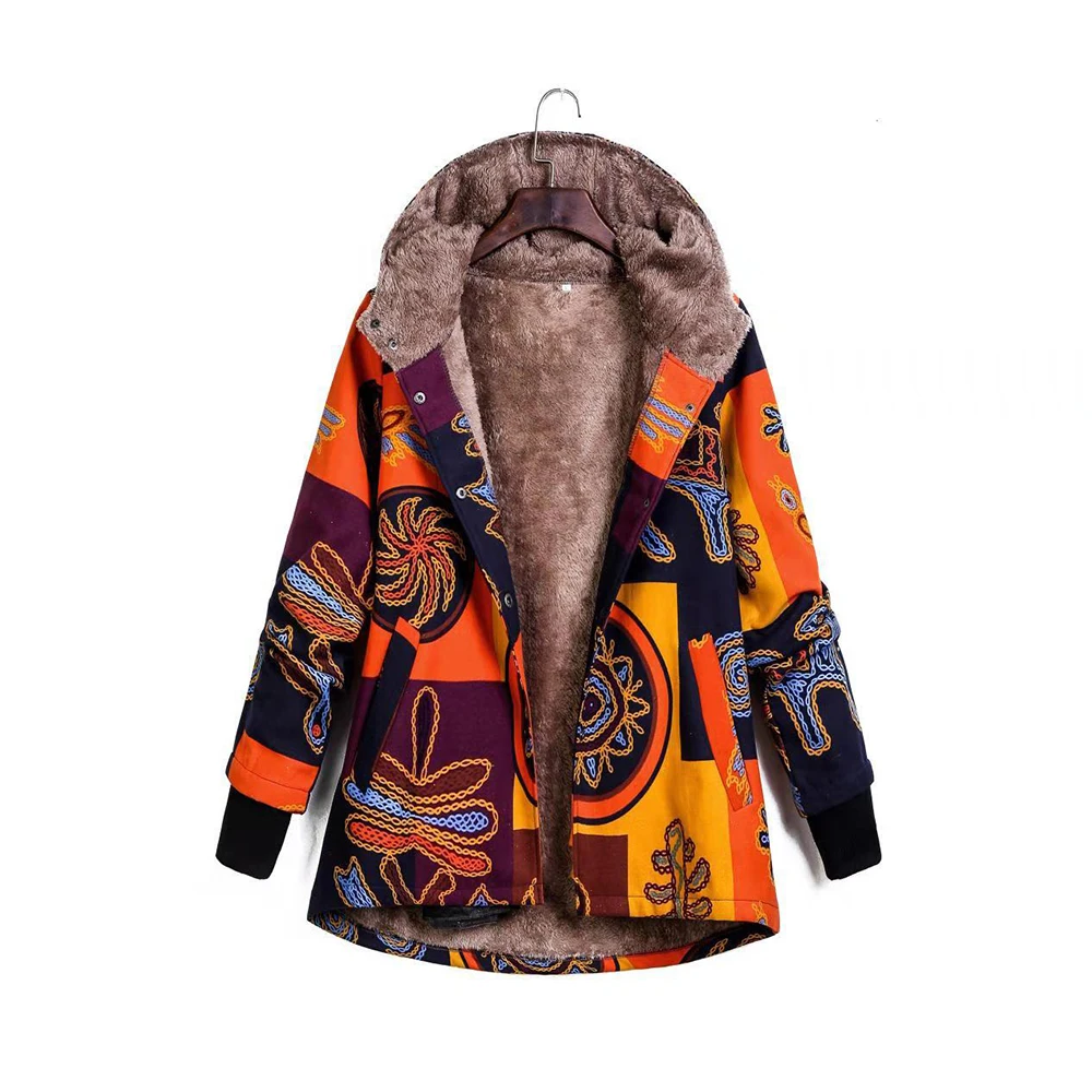 

Loozykit Ladies Autumn And Winter Coat Velvet single-breasted Printed Thick long-sleeved Hooded Cotton Coat Large Size