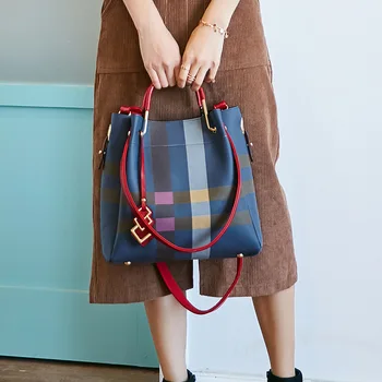 

Lattice Women's Bag 2020 New Bucket Bag Single Shoulder Large Capacity Leather Portable Cross Bag