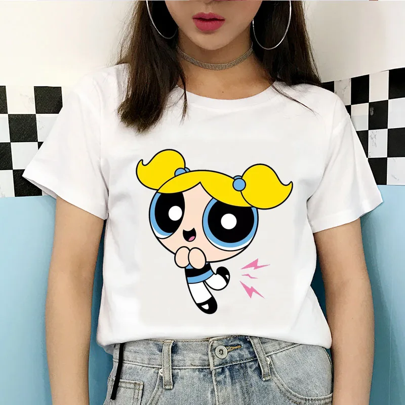 2020 New Summer Kawaii White Tops Powerpuff T Shirt Girls Harajuku Funny Cartoon Printed Cute T-shirts Women's Fashion Clothing