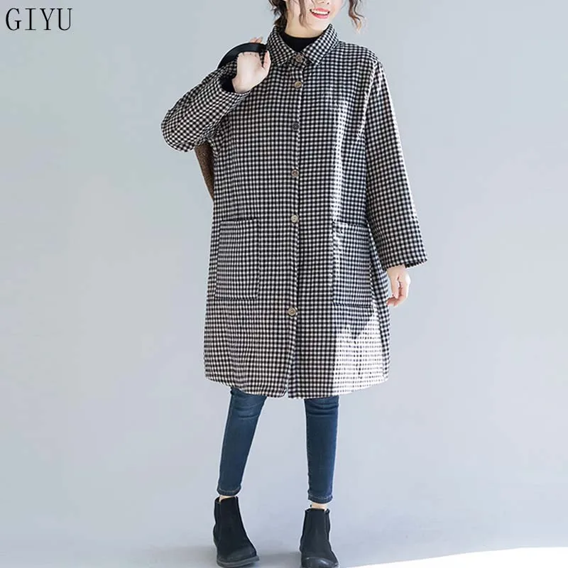 

Plus Size Women Parkas Long Coat Cotton Clothes Thicken Warm 2019 Autumn Winter Female Vintage Plaid Loose Casual Outerwear 5XL