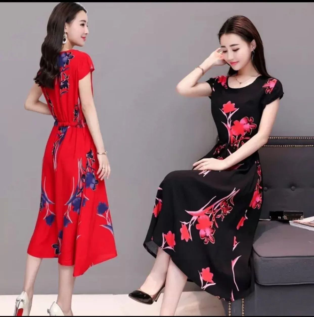 

Large Size Floral Printed Dress Slimming Elastic Can Tune Women's New Style Loose-Fit