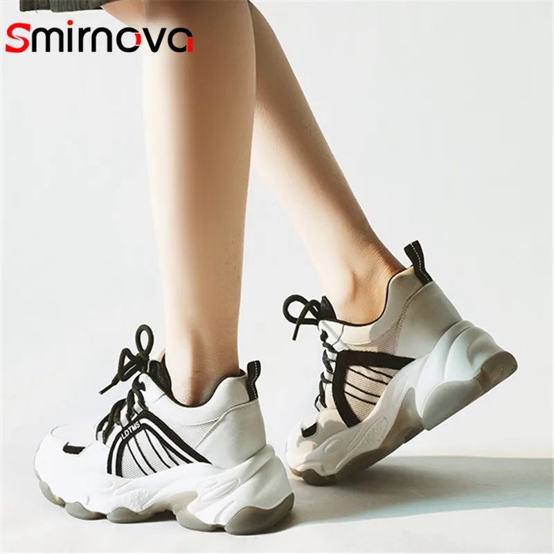 

Smirnova Plus size 35-41 Genuine leather women sneakers lace up round toe platform shoes casual flat dad shoes