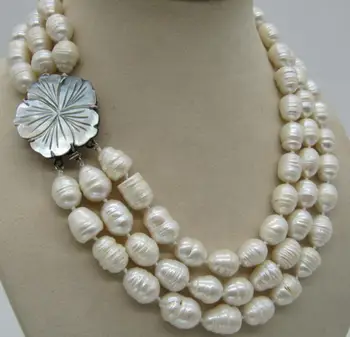 

Free Shipping 3 ROW 9-10MM NATURAL WHITE SOUTH SEA BAROQUE PEARL NECKLACE 17-19INCH beautiful