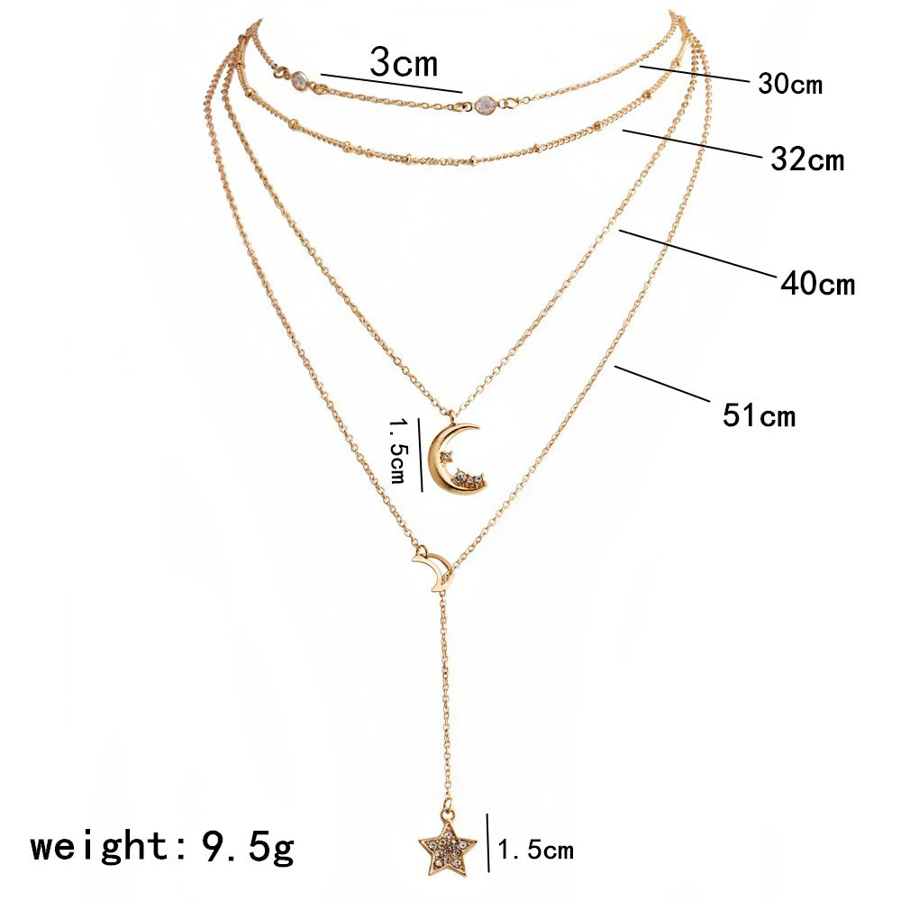 Bohemian Fashion Stars Moon Beaded Crystal Pendant Clavicle Chain Women Charm Multilayer Necklace Party Temperament Jewelry