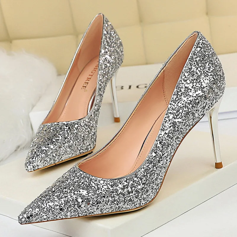 

2020 New High Heels Sequins Women Pumps Wedding Shoes Pointed Toe Women Heels Female Party Shoes Silver Stiletto Free Shipping