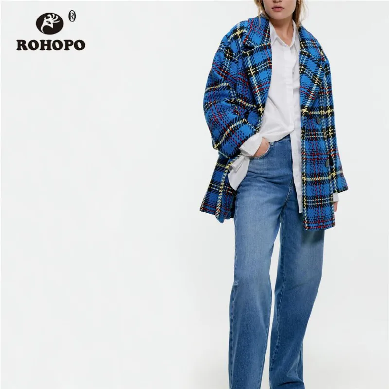 

ROHOPO Notched Collar Double Breast Plaid Tweed Fabtic Autumn Blend Coat Blue Color Ladies Straight Thick Ladies Overcoat #2599
