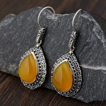 

FNJ Yellow Chalcedony Earrings 925 Silver Original Pure S925 Sterling Silver Drop Earring for Women Jewelry