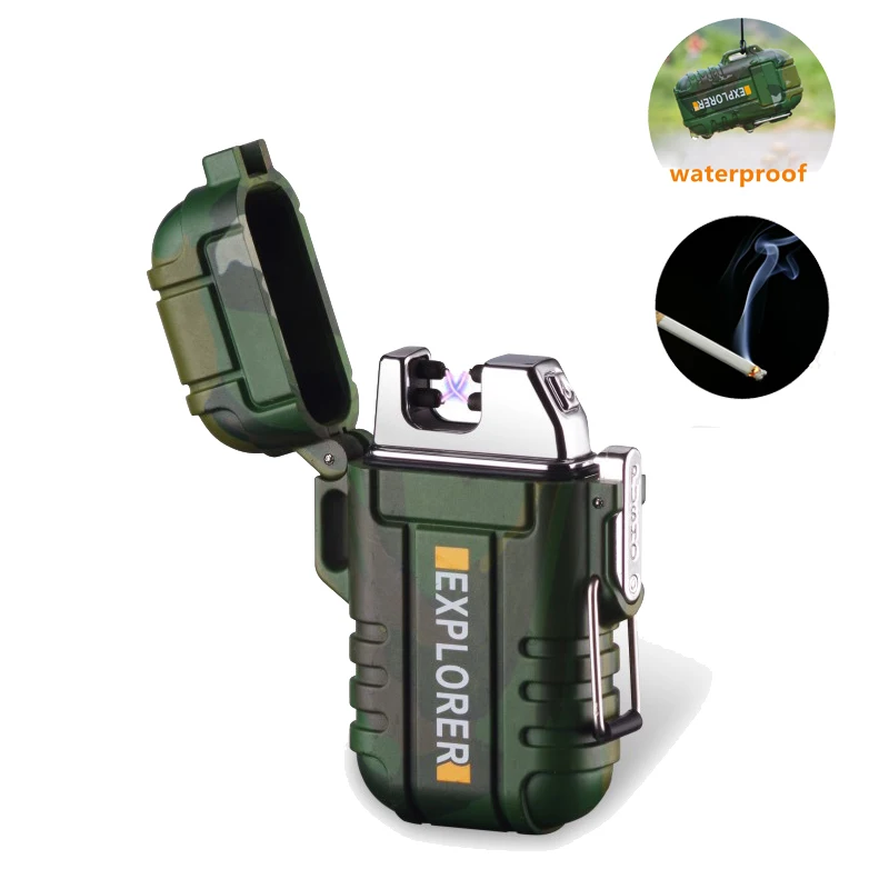 Фонарик USB плазменная зажигалка, зажигалка, камуфляжная зажигалка, водонепроницаемая ветрозащитная двойная дуга для мужчин, для кемпинга, для курения, подарок - Цвет: Бежевый