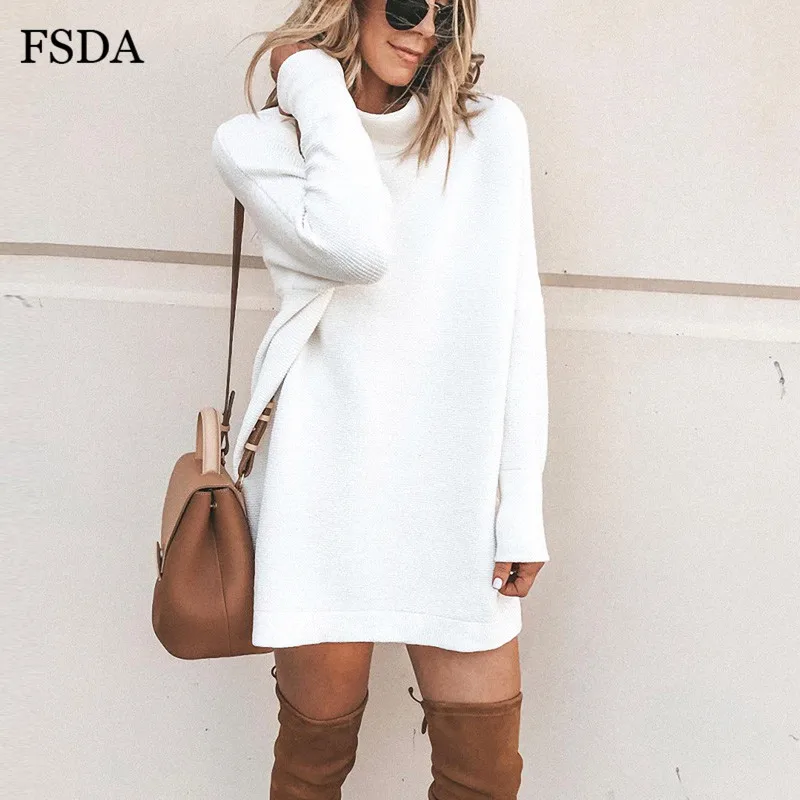 

FSDA Long Sleeve Turtleneck Women Mini Dresses Solid Casual 2019 Autumn Winter White Black Gray Red Knitted Streetwear Dresses