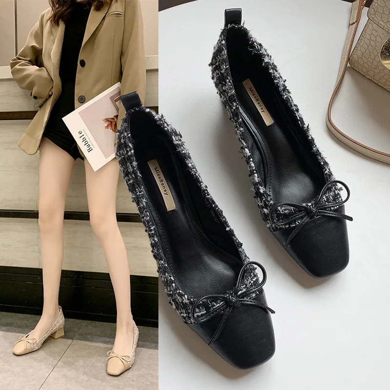 

2020 Spring Chunky-Heel Square Head Shallow Mouth Single Shoes Women's Plaid Cloth Joint High Heel Shoes Bow Retro WOMEN'S Shoes