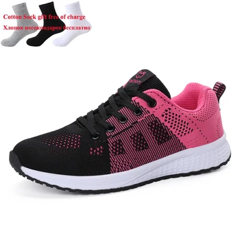 

Four Season Women Running Shoes Hot Sale Flyknit Flat Walking Shoes Breathable Gym Girl Sneakers Pink Lady Tennis 41 Cheap Shoes