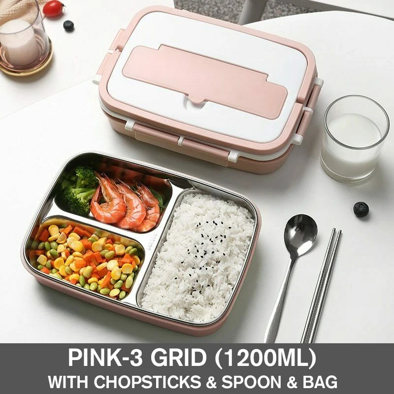 3 Grid Red Ланч-бокс в японском стиле, 304 нержавеющая сталь, бенто, Ланч-бокс с отделением, посуда, контейнер для еды с ложкой, чехол для палочек для еды - Цвет: 3 Grid Red