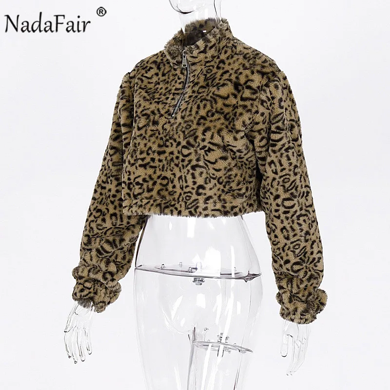 Nadafair леопардовая теплая пушистая укороченная Женская толстовка на молнии из флиса с животным принтом винтажная укороченная толстовка с капюшоном женские пуловеры