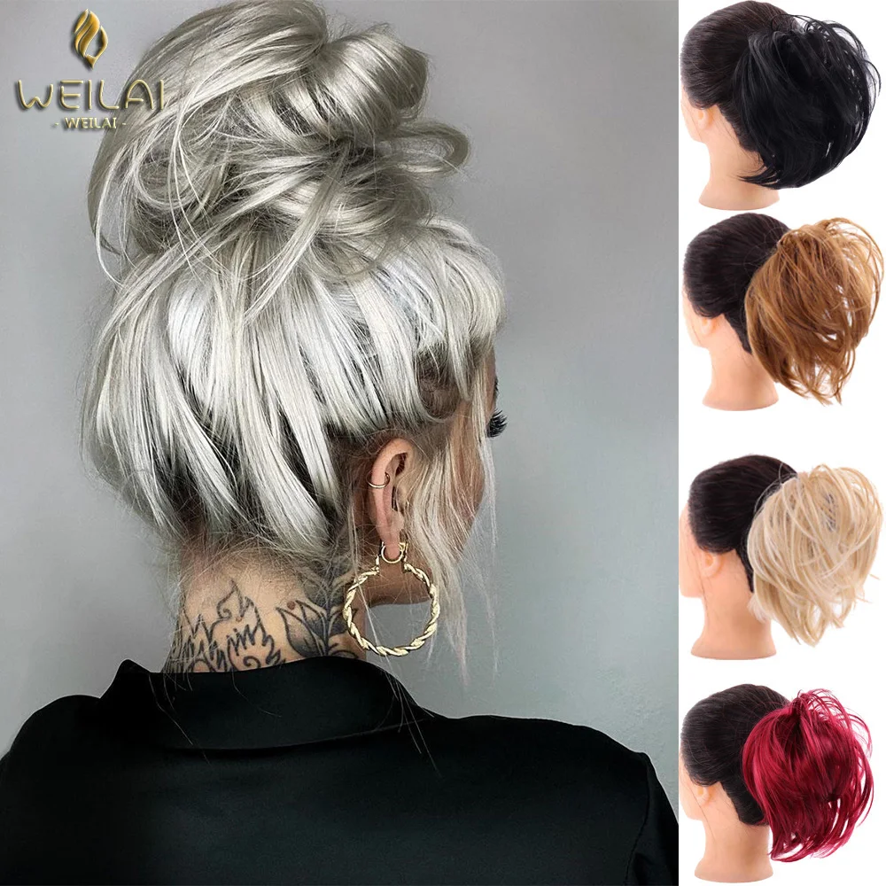 WEILAI kızlar at kuyruğu topuz düz Scrunchie kahverengi sarışın çörek Chignon Wrap saç halka yüksek sıcaklık sentetik saç parçaları