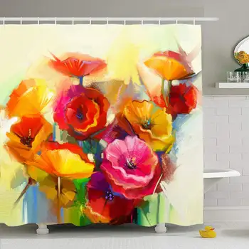 

Shower Curtain Set with Hooks 66x72 Abstract Canvas Oil Yellow Painting Spring Painted Poppy Flower Still Red Texture Nature