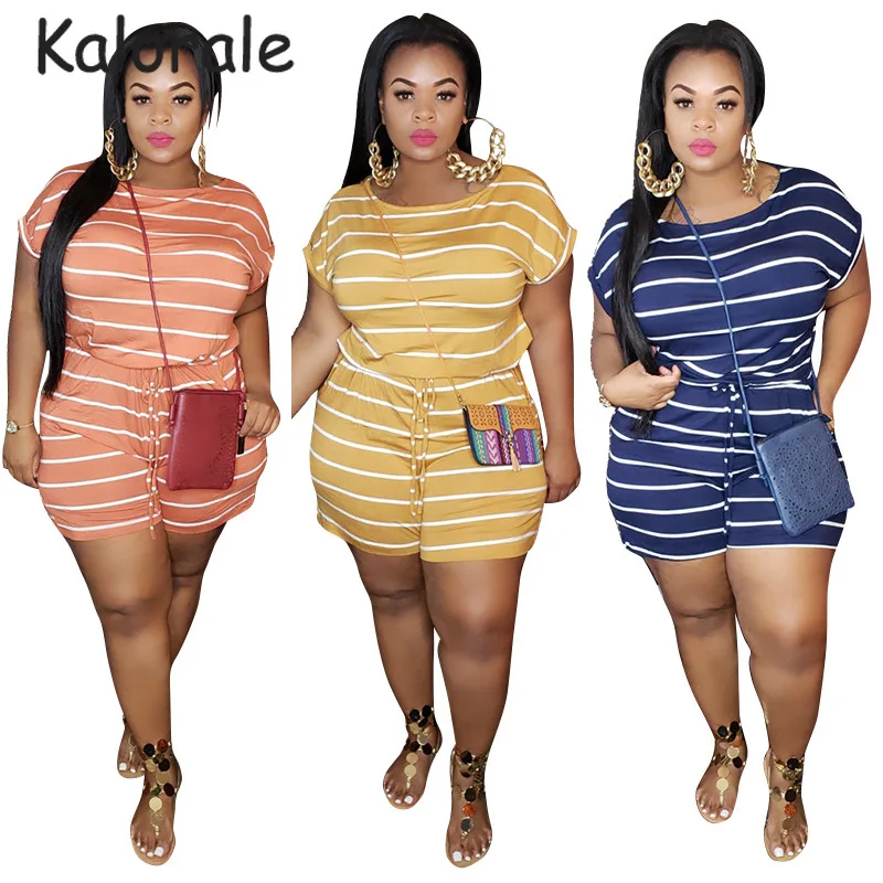 Plus Size Jumpsuit 4XL 5XL Women Summer Clothes Casual Loose Striped Lace Up Playsuit Short Sleeve Overalls 2020 |