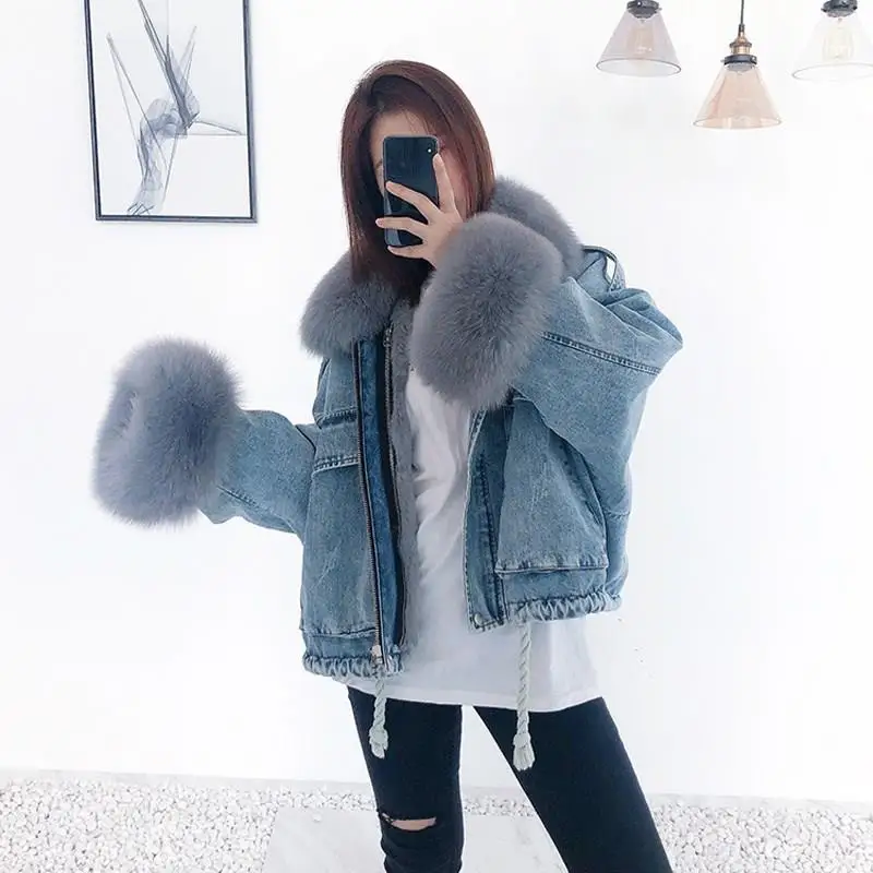 Finest  Fox Fur Collar Denim Jacket Winter Women Loose Overcoat Short Fur Coat Jeans Removable Rabbit Fur L