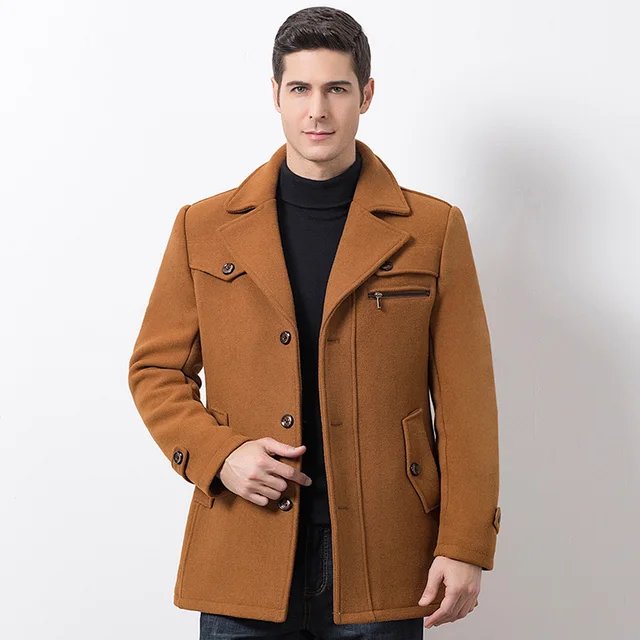 Mens Wool Trench Coat Winter Warm Padded Lapel Parka Detachable Collar Outwear 
