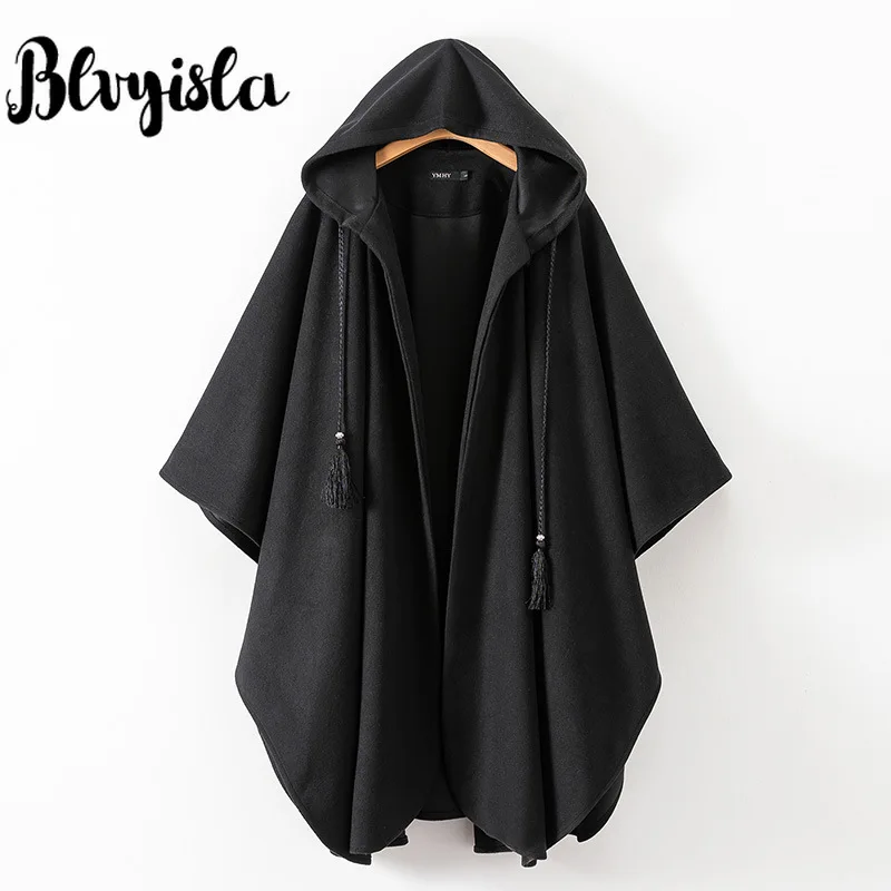Женский твидовый плащ Blvyisla черная Асимметричная Длинная накидка с рукавом