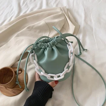 

New Summer Chain Female Shoulder Handbags PU Leather Mini Crossbody Bags for Women Solid Color Small Ladies' Travel Bucket Bags