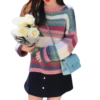 

Women Autumn Spring Stripes Sweaters Colorful Sweet Print Loose Long Sleeved Round Collar Casual Jumpers Pull Femme M