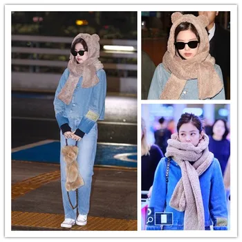 

kpop korean Celebrity same lady Winter Cute Cartoon Thick Hat Bear Ears Hat Scarf Women kawaii Ear Protectors Warm Plush Scarf