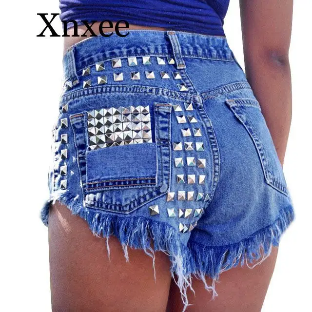 

Summer Blue Sexy Shorts Tassel Sexy Denim Shorts For Women High Waist Ripped Rivet Hole Jeans Distressed Cut off Shorts