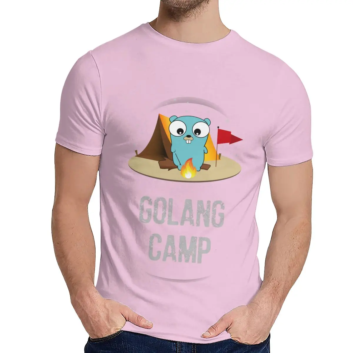 Мужская футболка Golang Gopher Мягкий Топ вокруг шеи Винтажная Футболка - Цвет: Розовый