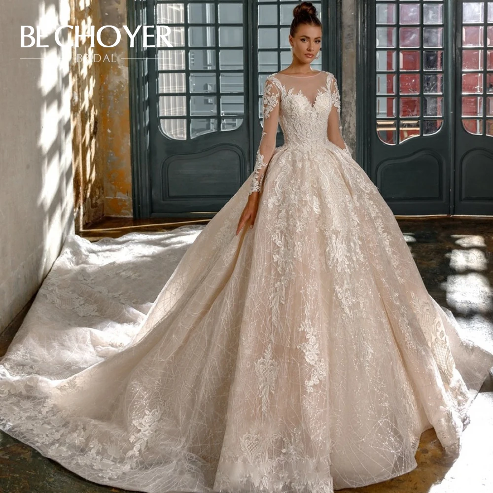 Потрясающее Свадебное платье с аппликацией BECHOYER N202, роскошное бальное платье с длинным рукавом, платье для невесты принцессы, Vestido de Noiva