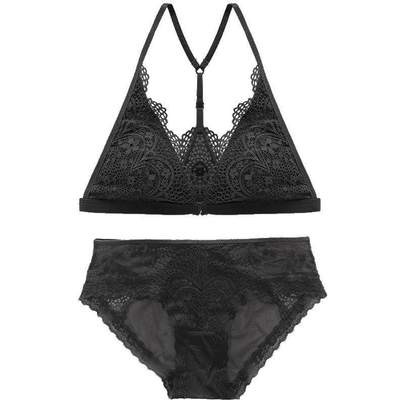 Спереди застежка набор бюстгальтеров французский Bralette Y линии ремни треугольник чашки сетки внутренняя без подкладки окуня провода дышащая - Цвет: Черный
