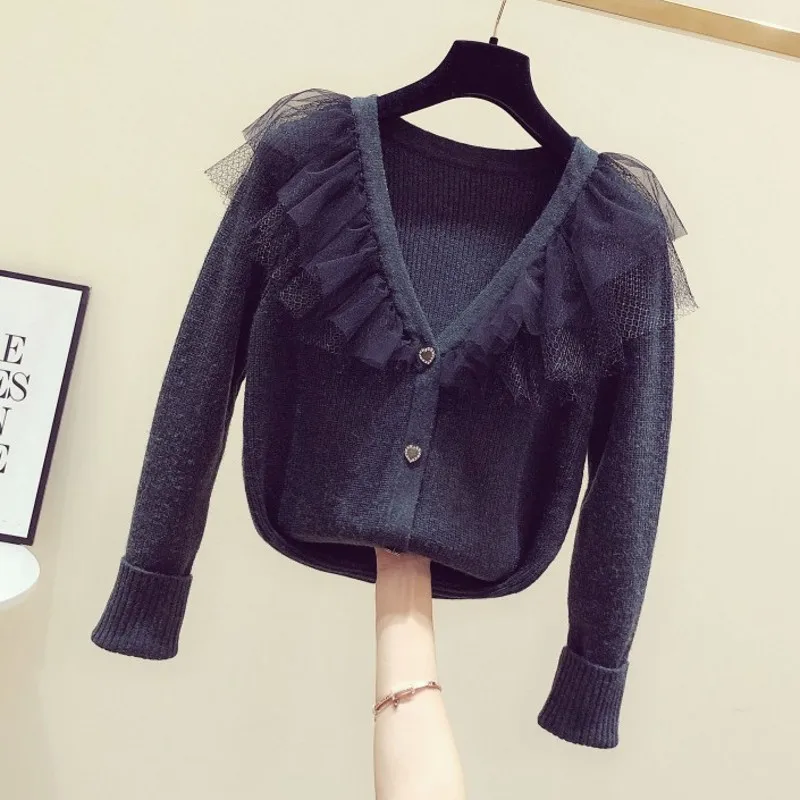 Сетчатые вязаные женские Свитера и кардиганы с v-образным вырезом однотонные