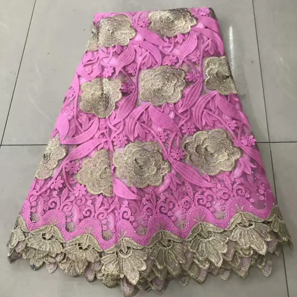New Designs pink African Lace Fabric With Big stone hot sales gold Embroidery Guipure Trim High Quality for Nigerian Dress FFT921 | Дом и сад