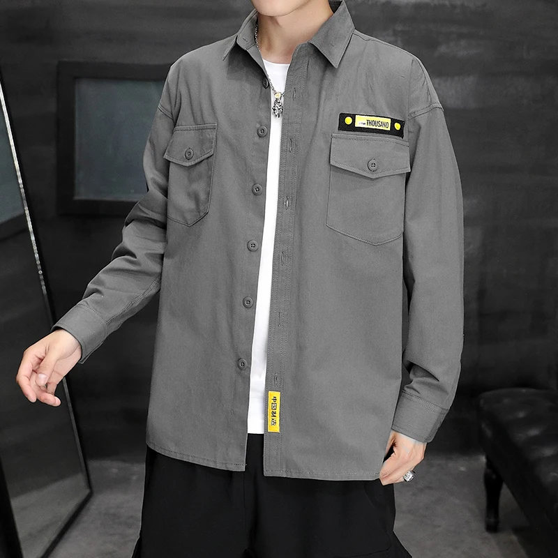 Модные мужские рубашки Slim Fit сплошной цвет Мужская рубашка двойной карман Осень черный зеленый хаки Мужская рубашка с длинными рукавами